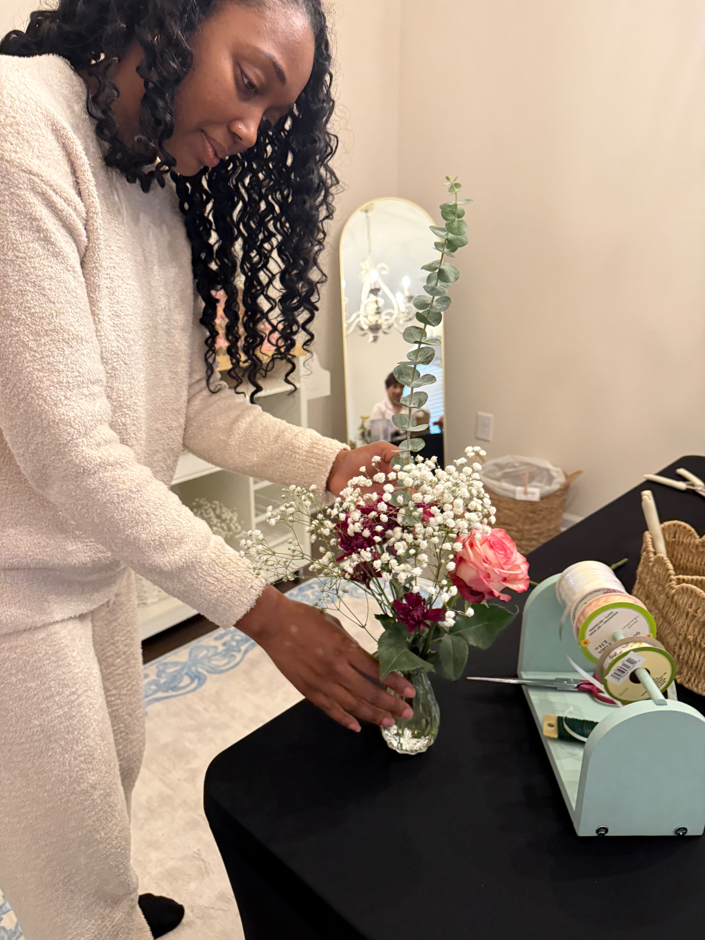 Hands-on arranging — every guest builds their own bud-vase bouquet.