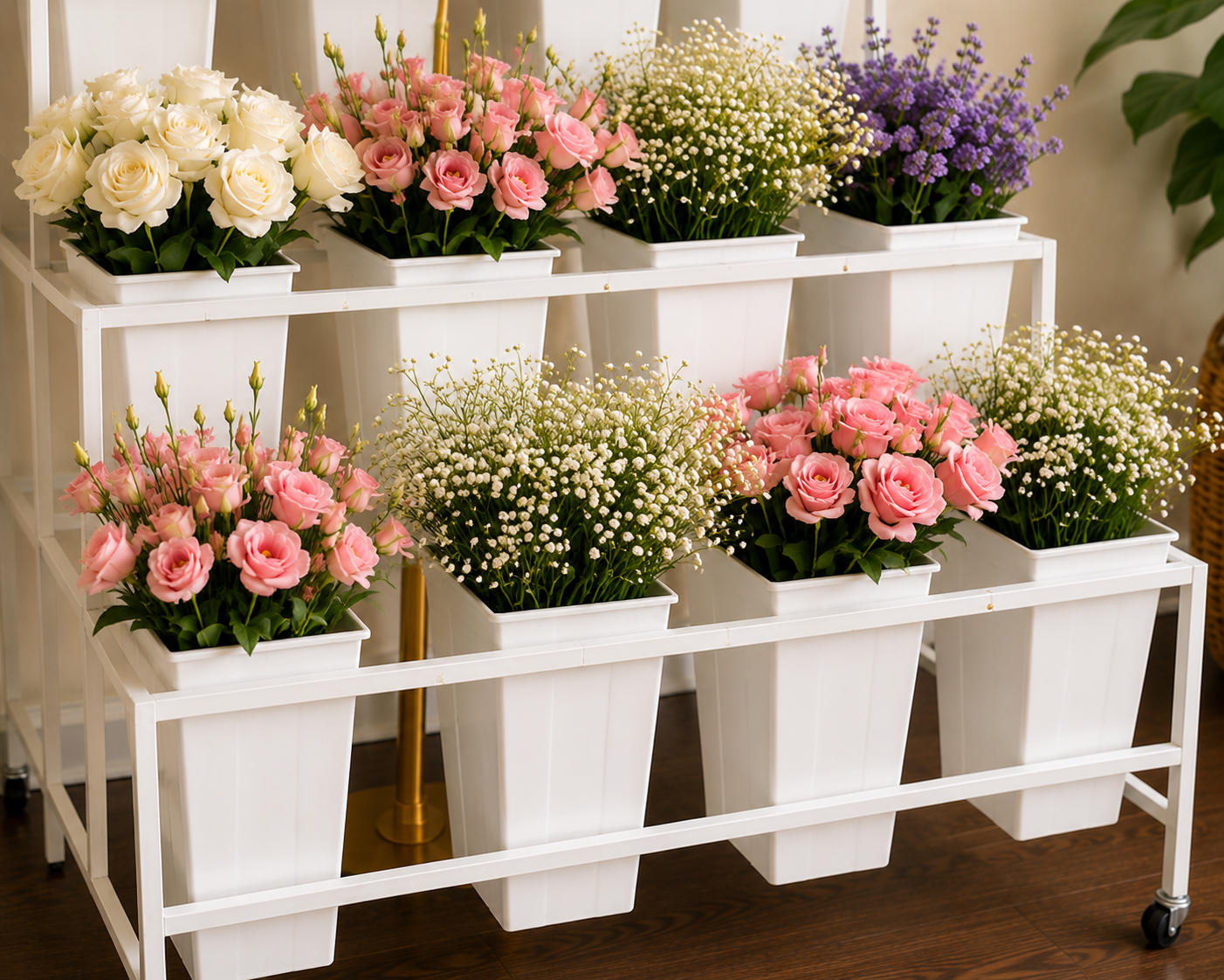 Close-up of Bloom Bar buckets brimming with seasonal flowers