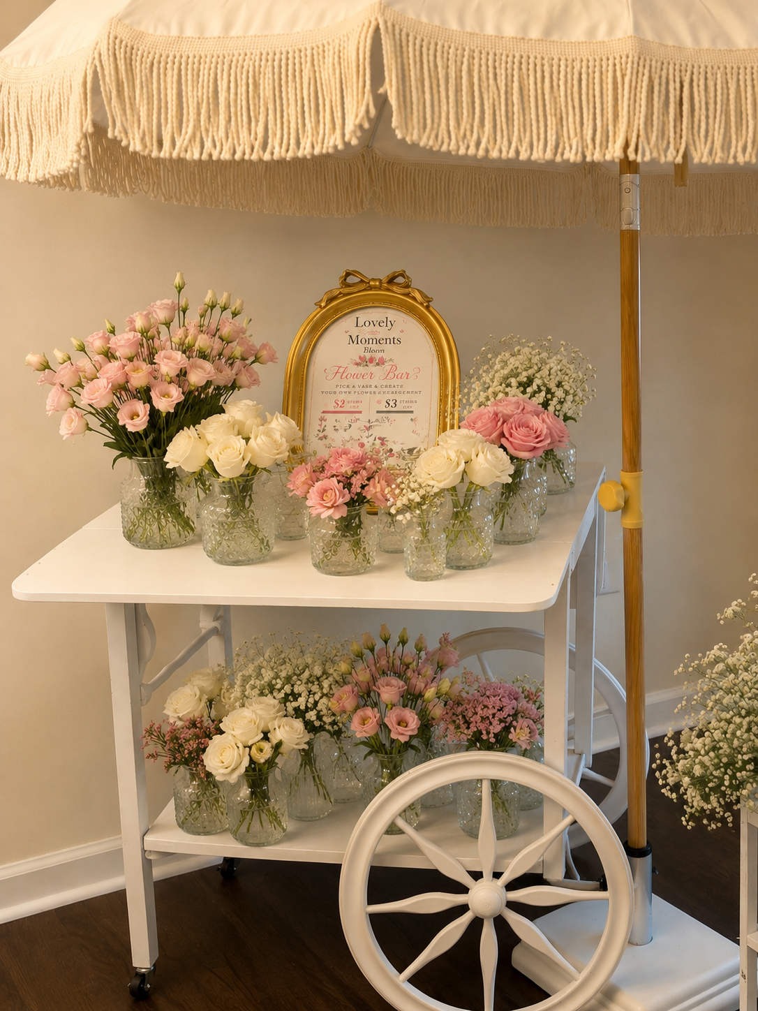 Vintage flower cart styled with vases for take-home arrangements