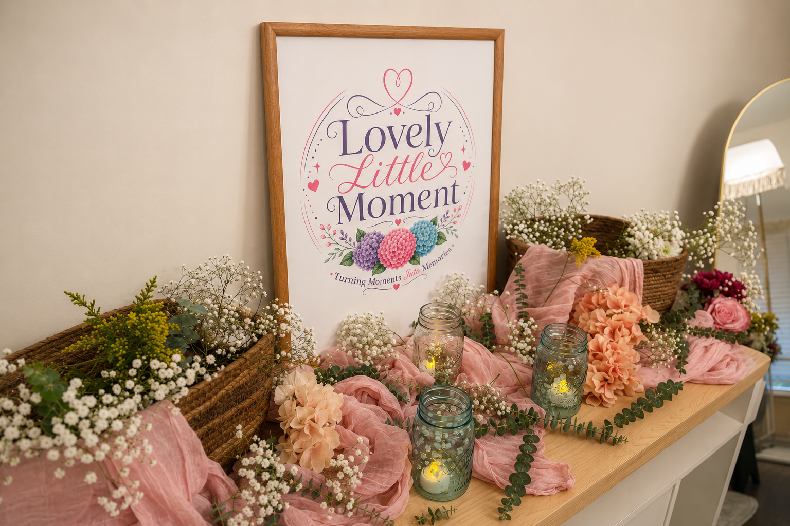 The full Bloom Bar set-up — flower stand, umbrella & styled signage.