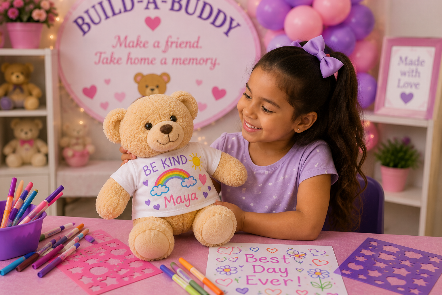 Girl admiring her personalized Be Kind plush bear