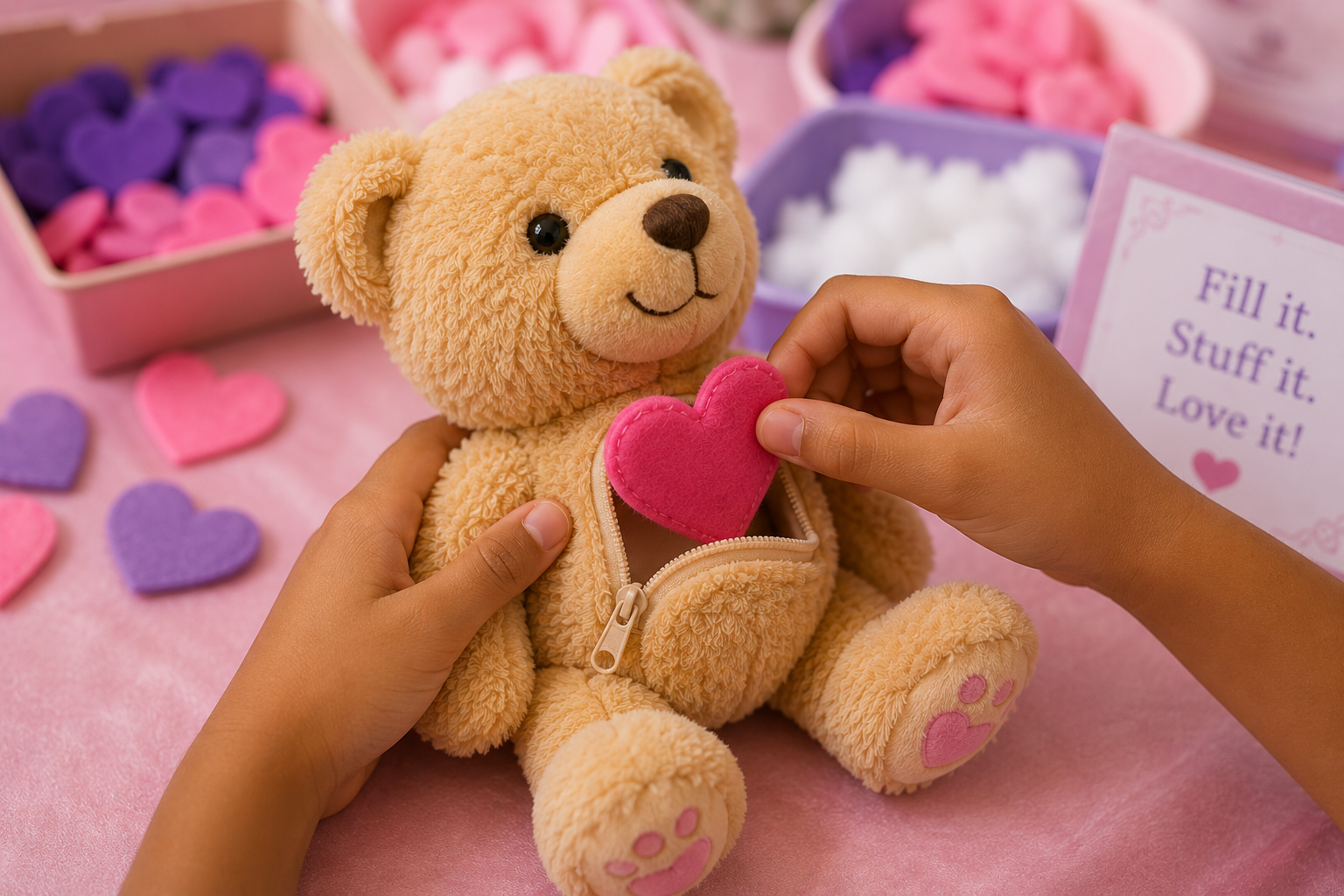 Close-up of a plush bear receiving its heart