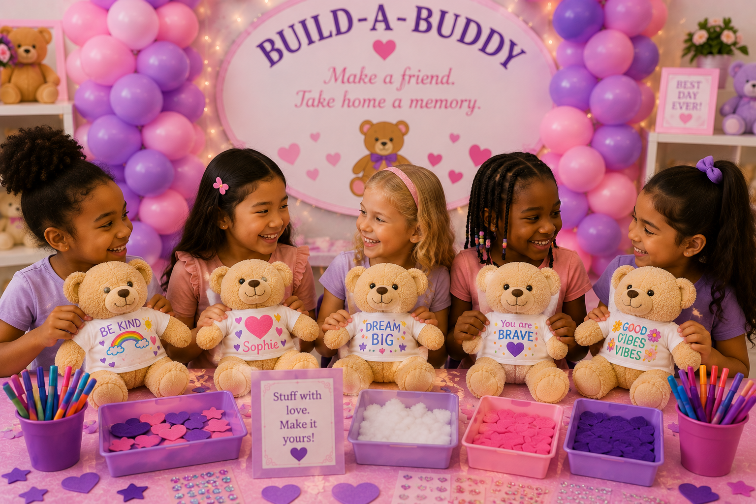 Build-A-Buddy party — guests with their personalized plush buddies