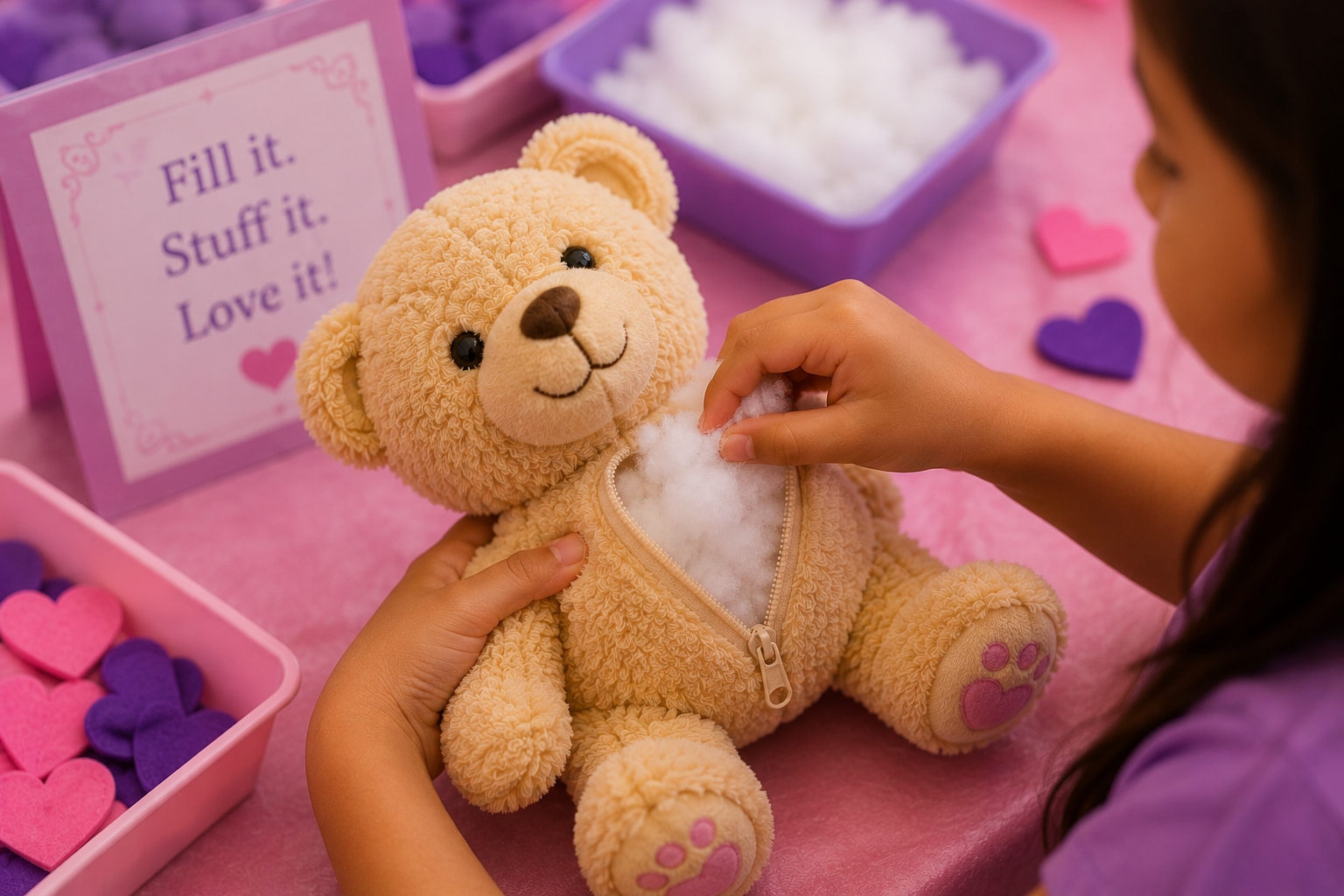 Child stuffing a plush bear at the Fill it. Stuff it. Love it station