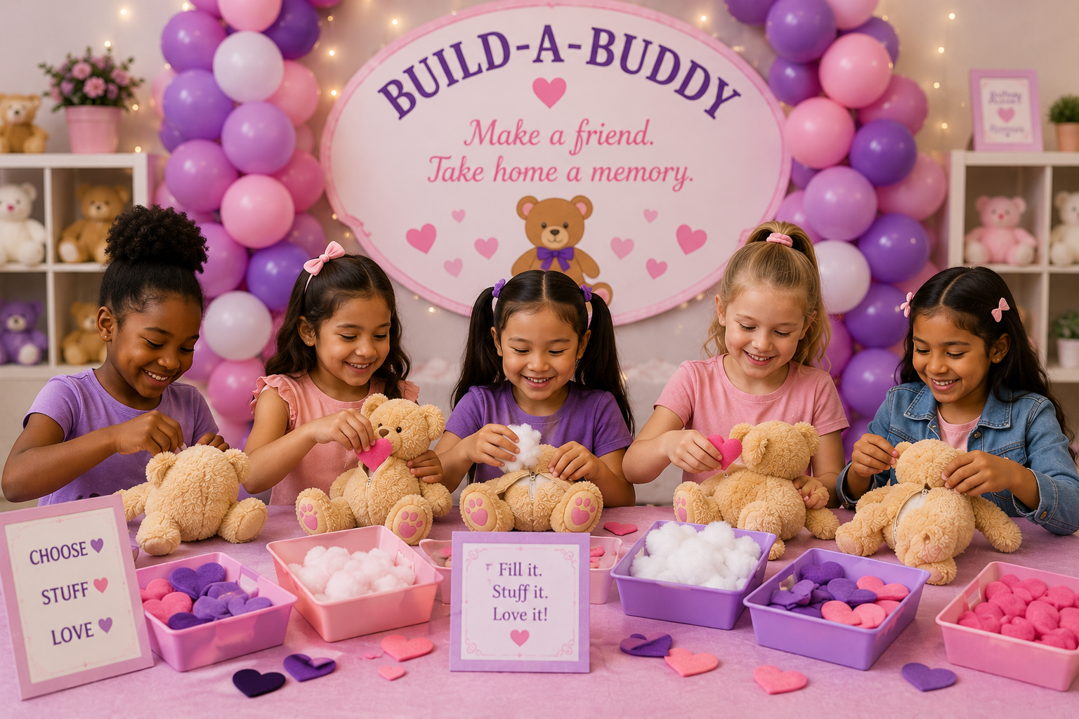 Build-A-Buddy party table with five guests choosing hearts