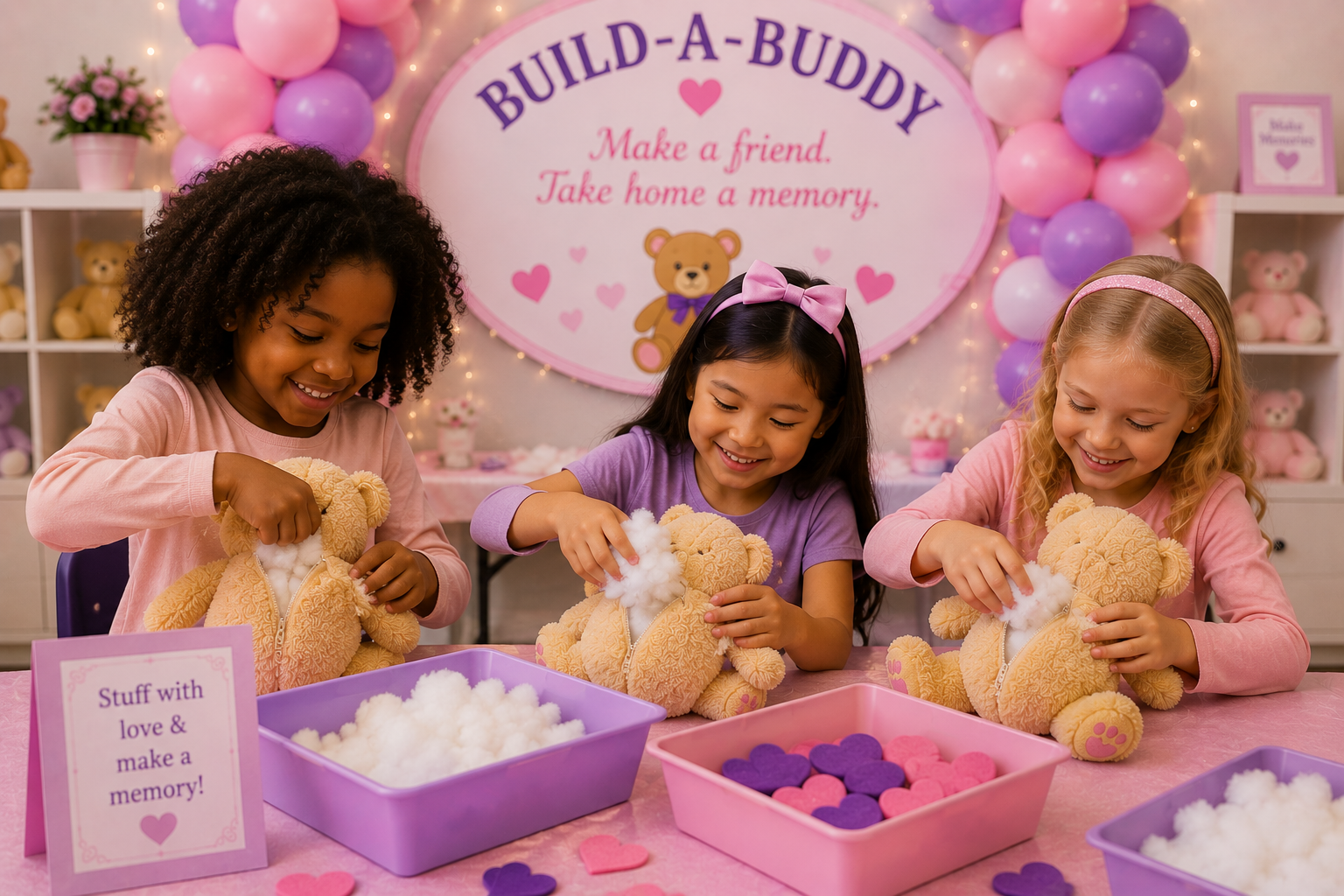 Styled party table with treats and plush bears